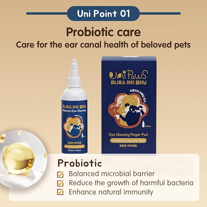 UNIPAWS Dog & Cat Eye Area Cleaner with Wipes – Vet-Recommended Tear Stain Remover – 5.1 fl oz Cleaner + 50 Dry Finger Wipes – Probiotic & Plant Formula, Gentle Grooming Care