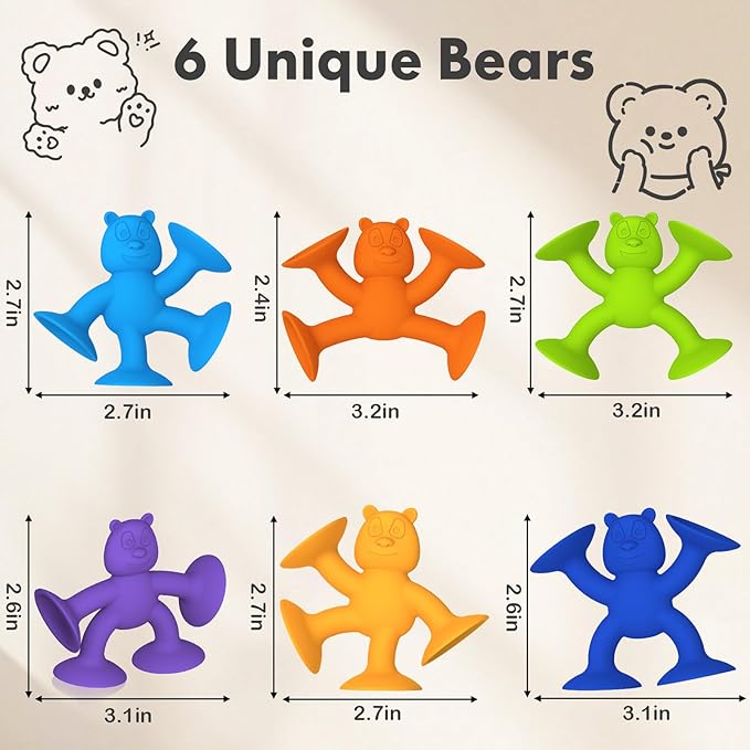 Unique Suction Bath Toys for Baby Kids Ages 1-3, No Hole Bath Toy Silicone Animal Sensory Fidget Toys for Baby Tray Window Travel, 6 PCS