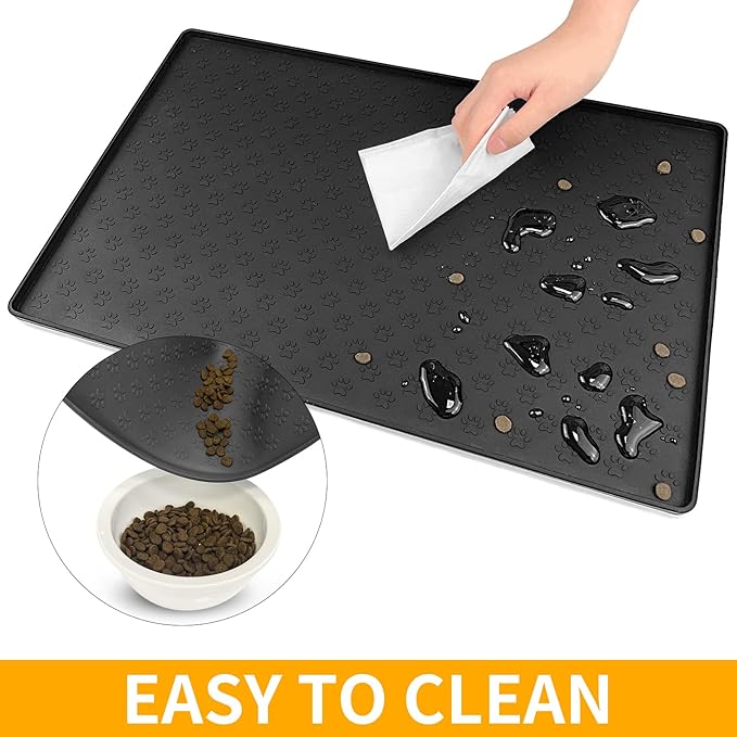 Ptlom Silicone Pet Placemat for Dog and Cat, Waterproof Anti-Slip Pet Feeding Bowl Mats for Food and Water, Small Medium Large Tray Mat Prevent Residues from Spilling to Floor, Black, 31.5" 23.6"