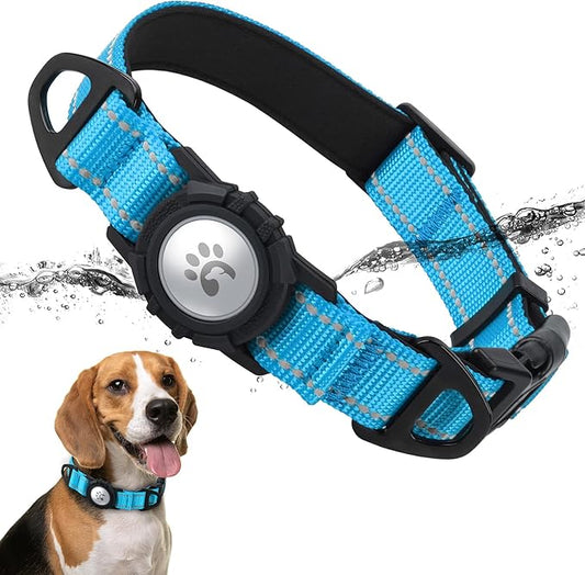 TagME Airtag Dog Collar,Waterproof Reflective Pet Collar with Airtag Holder,Soft Padded and Double D-Rings for Medium Dogs,Light Blue