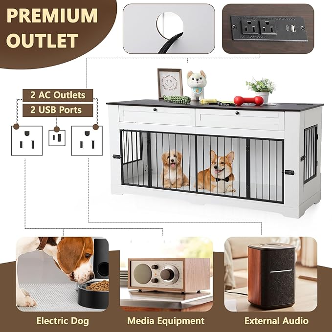 Large Dog Crate Furniture-Decorative Heavy Duty Dog Cage Indoor, Wooden Dog Cage End Table with Charging Station, Dog House with 2 Drawers (White, 70.86''L)