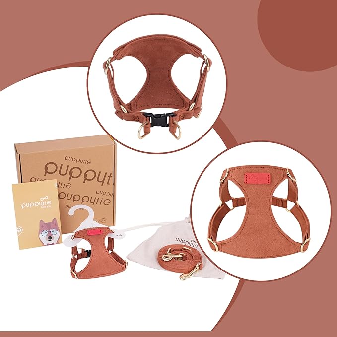 Puppytie No Pull XXS Puppy Harness with Multifunction Dog Leash,Soft Adjustable No Choke Escape Proof Pet Harness Vest,Brown Caramel,XXS