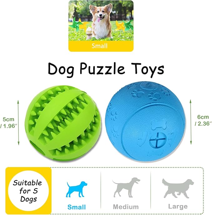 Dog Puzzle Toy, Treat and Dental Balls, Interactive Treat Dispensing Toy for Dogs, Durable Puppy Toys for Teething Small Dogs, Rubber Teeth Balls, Slow Feeder,2 Pack (Small)