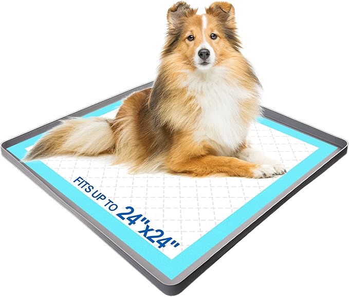 Pee Pad Holder for Dogs, Puppy Pad Tray for 24" x 24" Dog Training Pads, No Spill Silicone Mat with 4 Holder Clamps, Non-Slip Square Puppy Potty Training Tray for Indoor Floor Protection