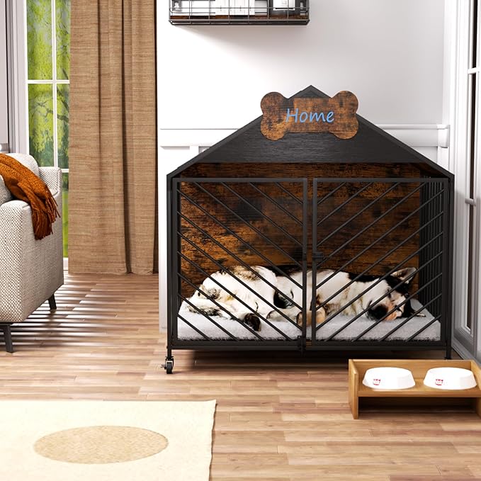 Heavy Duty Dog Crate Furniture for Large Breed - 39.4" Chew-Proof Kennel with Gable Roof, Double Door Escape-Proof Indoor Dog Cage, Rustic Brown