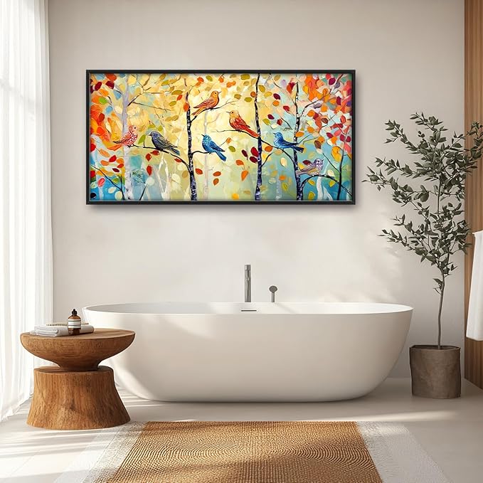 Extra Large Framed Abstract Bird Forest Wall Art,Colorful Birds Birch Tree Wall Decor Pictures for Living Room,Canvas Print Painting Modern Artwork Bedroom Office Bathroom Home Decor 60L x 30W