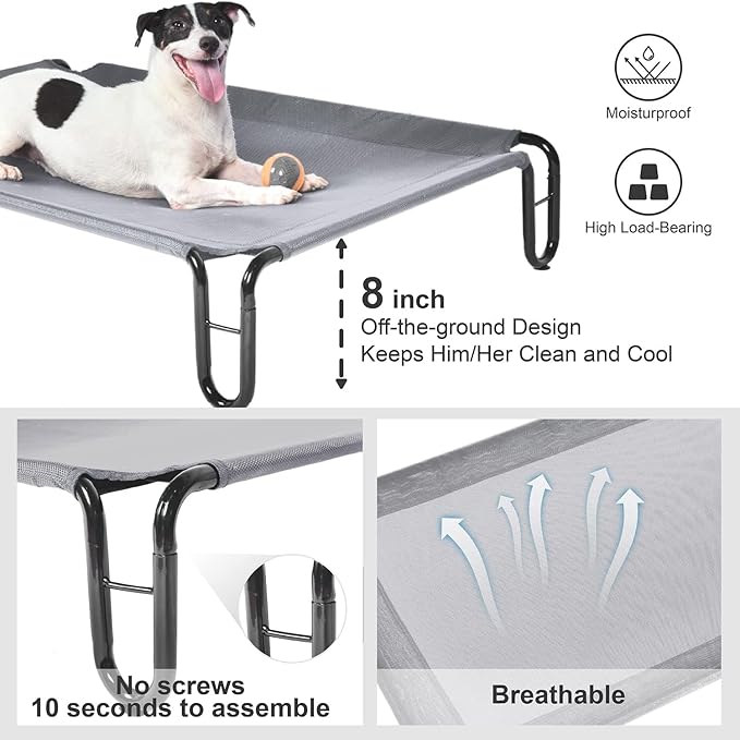 Pettycare Elevated Outdoor Dog Bed - Waterproof Cot for Small Dogs, Easy to Assemble, Cooling With Teslin Mesh, Durable, Non-Slip, Up to 35 lbs, Grey