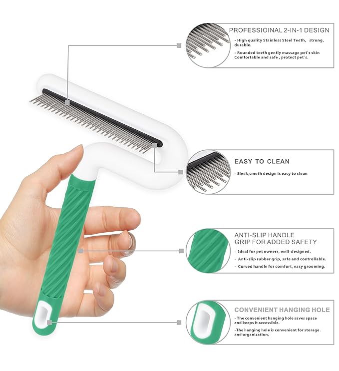 Pet Flea Comb for Dogs & Cats - Grooming Tool with Long & Short Steel Teeth, Safely Removes Tangles and Knots, Gentle Detangling Brush for Pet Hair (TG2043)(Green)