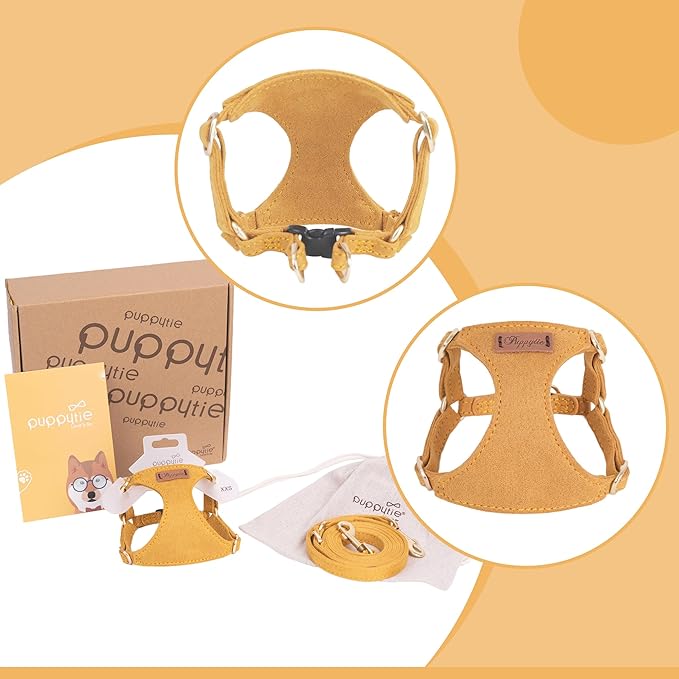 Puppytie No Pull XXS Puppy Harness with Multifunction Dog Leash,Soft Adjustable No Choke Escape Proof Pet Harness Vest,Yellow,XXS