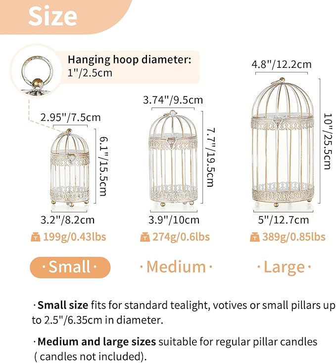 NUPTIO Tea Light Candle Holders: 2 Pcs 6 inch H Distressed White Bird Cage Lantern Centerpiece Hanging Metal Birdcage Tealight Votive Holder for Home Fireplace Dining Table Living Room Decoration