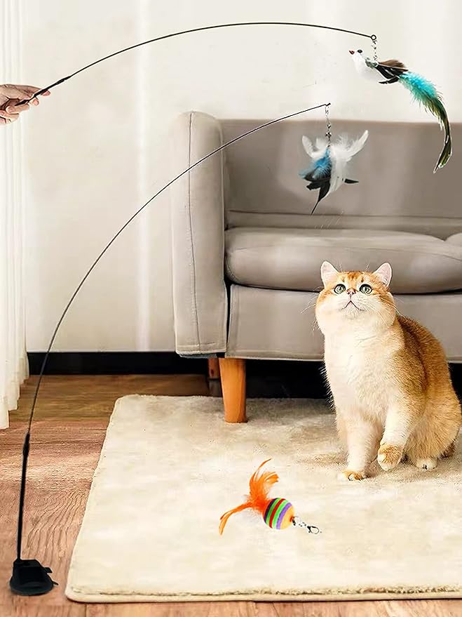Interactive Cat Feather Toy with Super Suction Cup & Bonus Double-Sided Nano Adhesive – 3 Replaceable Feathers, Bell & Spring Wand – Fun Exercise for Indoor Cats & Kittens (Fly Bird Blue)