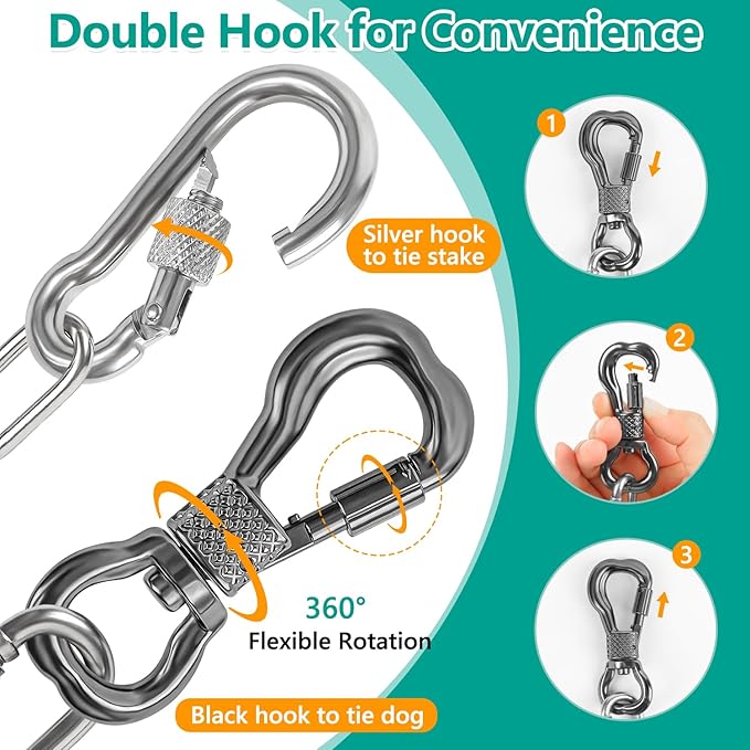 Tresbro Heavy Duty Dog Chains for Outside, 40FT Stainless Steel Tie Out Cable with Swivel Hook for Small Medium Dogs, Metal Chew Proof Pet Runner Chain Leash Lead for Outdoor Camping Hiking Yard, 3MM