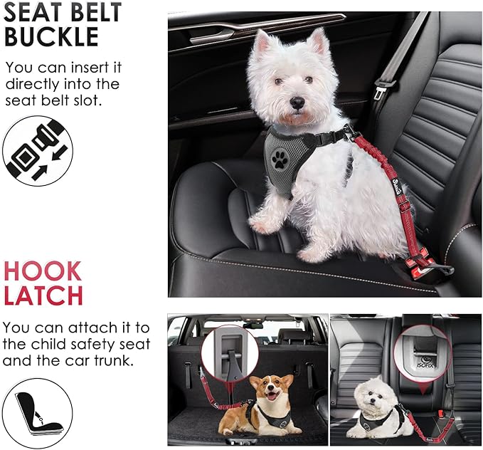 SlowTon 2 Pack Dog Seat Belt, 2 in 1 Attachment, Hook Latch Bar or Seatbelt Buckle with Elastic Nylon Bungee Buffer Adjustable Reflective Nylon Safety Belt Tether Connect to Dog Harness (2pack-R)