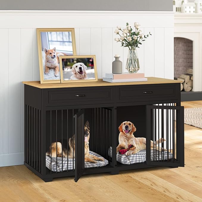 Large Dog Crate with Double Rooms, 72" Heavy Duty Wooden Dog Cage Furniutre Dog Crate Kennel w/Drawers & Removable Divider,Indoor Luxury Dog House for Large Dogs,Black