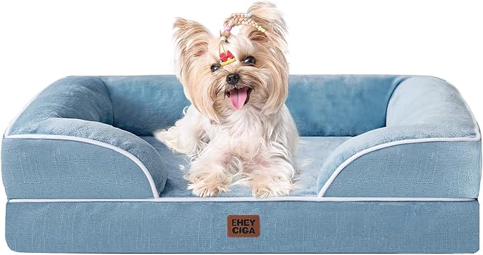 EHEYCIGA Orthopedic Dog Bed for Small Dogs, Waterproof Memory Foam Small Dog Beds with Sides, Non-Slip Bottom and Egg-Crate Foam Medium Pet Couch Bed with Washable Removable Cover, Washed Blue