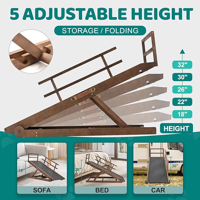 Dog Ramp for Bed, Adjustable Pet Ramps for Dog to Get on Bed, Non-Slip Rubber Surface - Folding Wooden Dog Ramp for Small/Large/Old Dogs, Adjustable up to 31 inch High Beds, Safety Railings