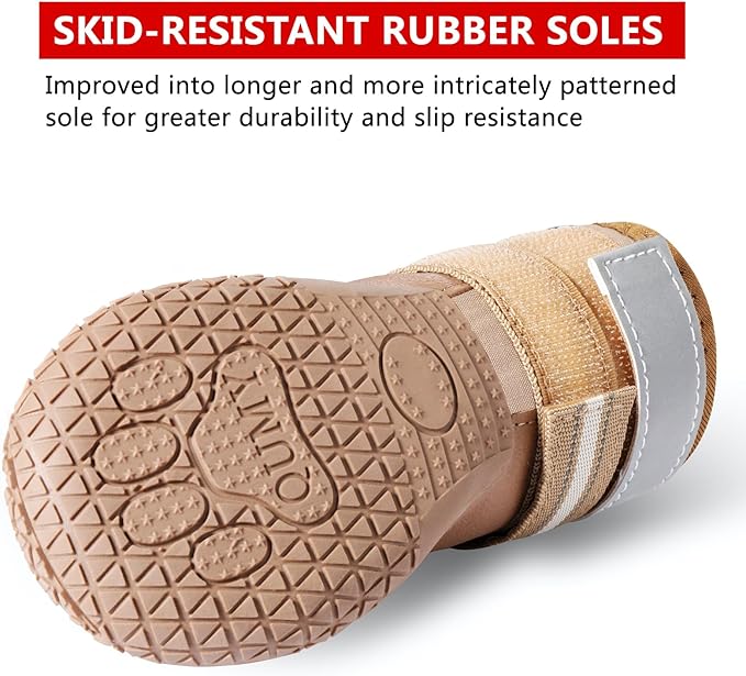 QUMY Dog Shoes for Large Dogs, Medium Dog Boots & Paw Protectors for Winter Snowy Day, Summer Hot Pavement, Waterproof in Rainy Weather, Outdoor Walking, Indoor Hardfloors Anti Slip Sole Khaki 3