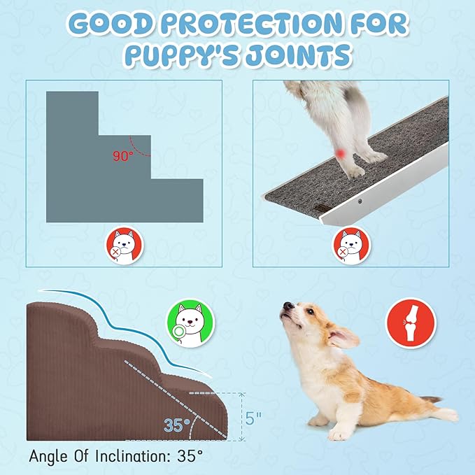 Dog Steps for Small Dogs, 3-Step Pet Ramp Stairs for High Beds and Sofa, Non-Slip Pet Stairs for Small Dogs and Cats, Removable and Easy to Clean Cover, Coffee