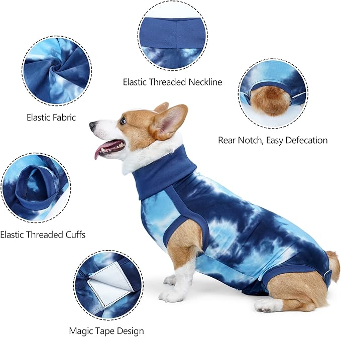 Recovery Suit for Dogs Male/Female Surgery Suit for Dog Tie Dye Shedding Suit Wound After Surgery Wear, Prevent Licking Wounds, E-Collar & Cone Alternatives Medium Blue2