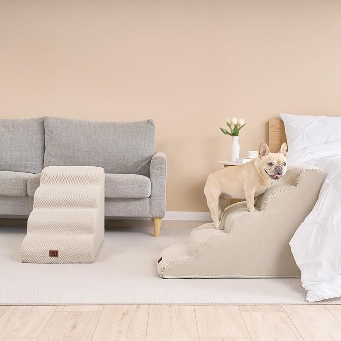 EHEYCIGA Curved Dog Stairs Ramp for High Beds 19.7" H, 4-Step Dog Steps for Small Dogs and Cats, Pet Stairs for High Bed Climbing, Non-Slip Balanced Pet Step Indoor, Beige