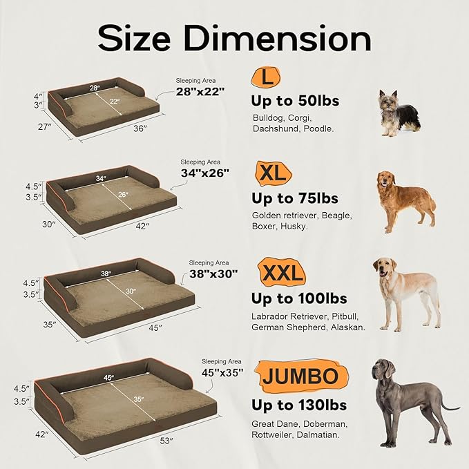 Large Dog Bed Orthopedic Washable: Extra Brown XL XLarge Big Dog Bed with Washable Bolster & Memory Foam Couch Sofa - Waterproof with Removable Cover