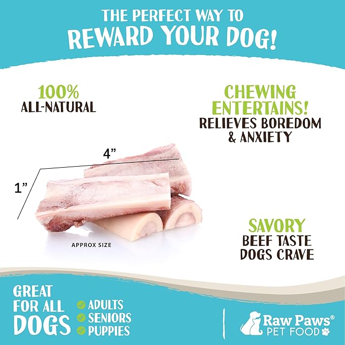 Raw Paws Beef Marrow Bones for Dogs - Split - 4-Inch (24-Count) - Made in USA Frozen Bone for Dogs - Raw Meaty Dog Bones for Small Breeds - Frozen - Split Beef Marrow