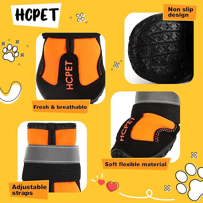 Hcpet Dog Shoes, Dog Boots for Large Dogs, Waterproof Dog Booties Paw Protector for Summer Hot Pavement, Winter Snowy Day, Outdoor Walking, Indoor Hardfloors Anti Slip Sole Orange Size 6