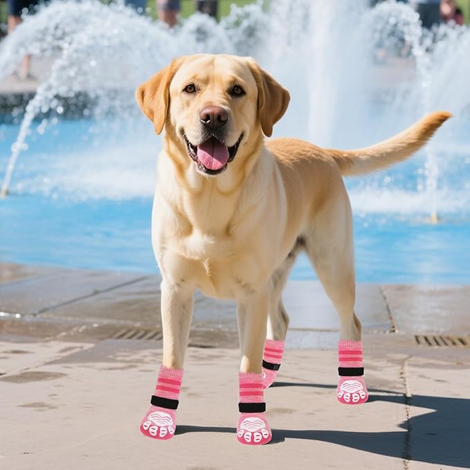 PUPTECK Non-Slip Dog Socks to Prevent Licking Paws, Double Sides Dog Boots & Paw Protectors Booties on Hardwood Floors Hot Pavement with Grippers, for Small Medium Large Senior Dogs, Fuchsia M