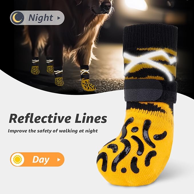 Reflective Dog Socks to Prevent Licking Paws, Dog Paw Protector, Hardwood Floors Anti Slip, Non Slip Dog Socks with Grippers, Dog Booties and Paw Protectors for Indoor Use - Size Large
