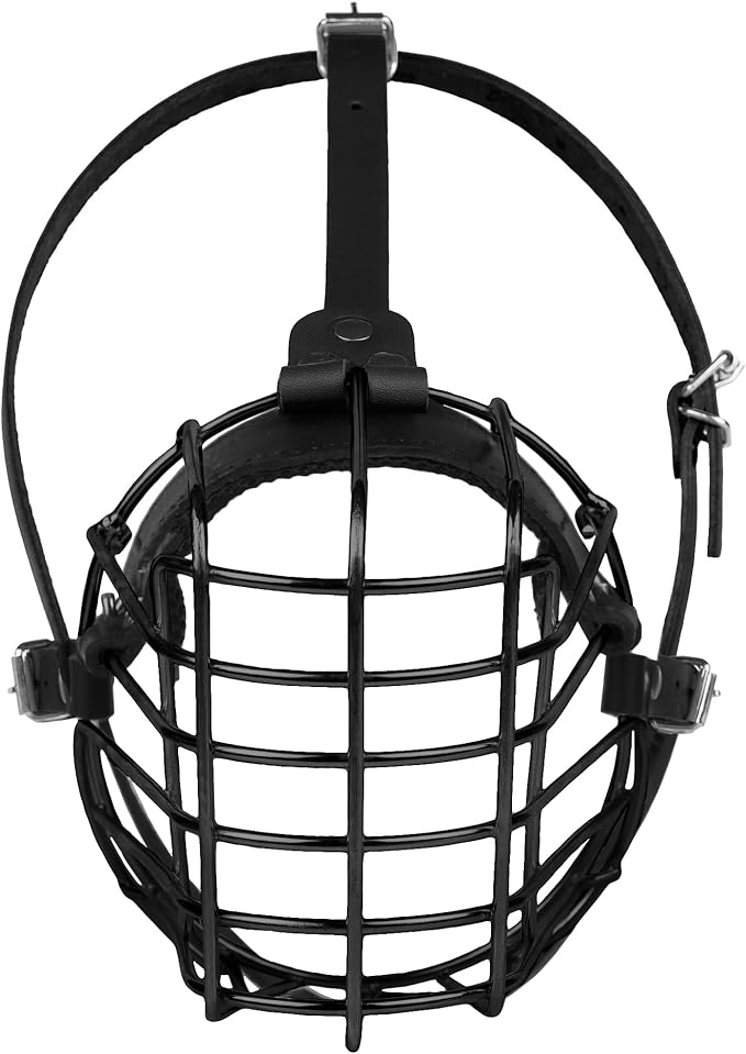 German Shepherd Dog Muzzle Metal Basket for Medium Large Dogs Adjustable Durable Leather Straps Secure Wire Mask for Biting Chewing Barking (Black, L - Size)