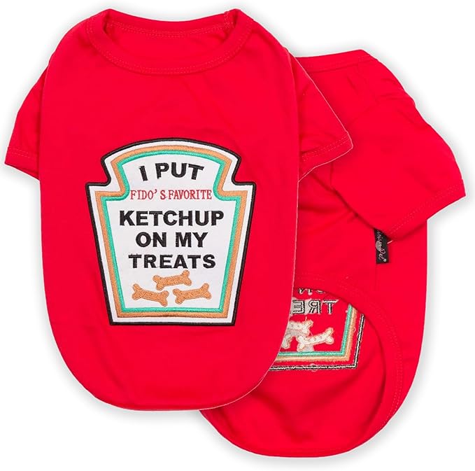 Parisian Pet Dog Shirt - Embroidered “I Put Ketchup on My Treats“ - 100% Cotton and Polyester Dog Clothes - Sleeved, Lightweight Costume for Dogs - Red Dog Shirts for Large Dogs - Pet Costumes - 3XL