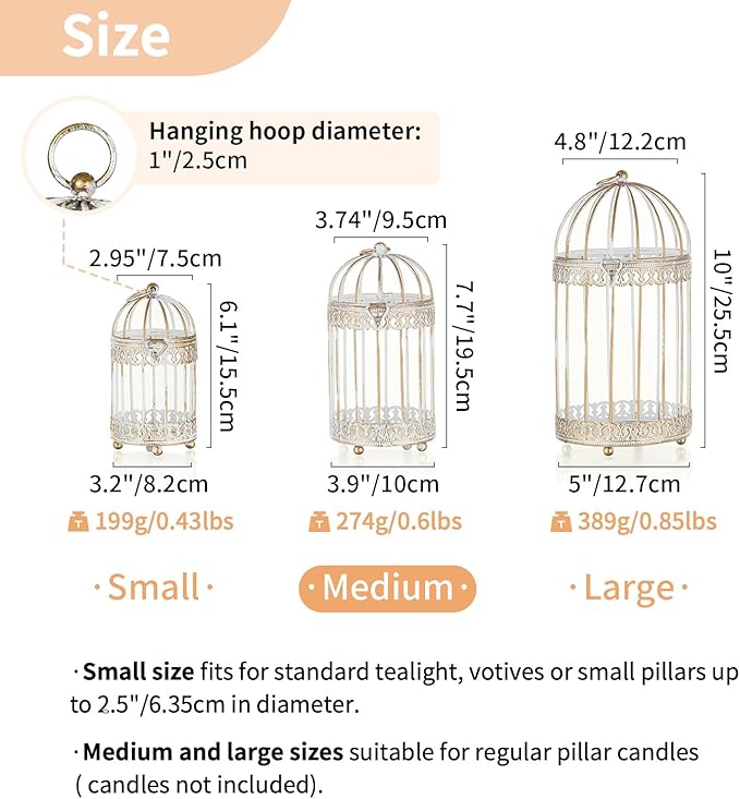NUPTIO Candle Holders for Pillar Candles: 2 Set of 7.7 inch H Antique White Bird Cages Lantern Wedding Centerpiece Small Metal Hanging Pillars Holder for Bridal Shower Party Table Decorations