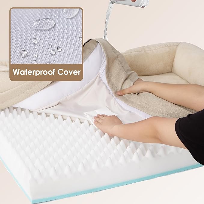 EHEYCIGA Memory Foam Dog Bed for Large Sized, Orthopedic Dog Sofa with Sides and Waterproof Liner, Washable Bolster Pet Bed Couch with Removable Cover, 36x27x7 Inch, Beige