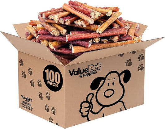 ValueBull Bully Sticks for Dogs, Thick 6 Inch, 100 Count Bulk Pack - All Natural, Grass Fed, Single Ingredient, Long Lasting Dog Treats