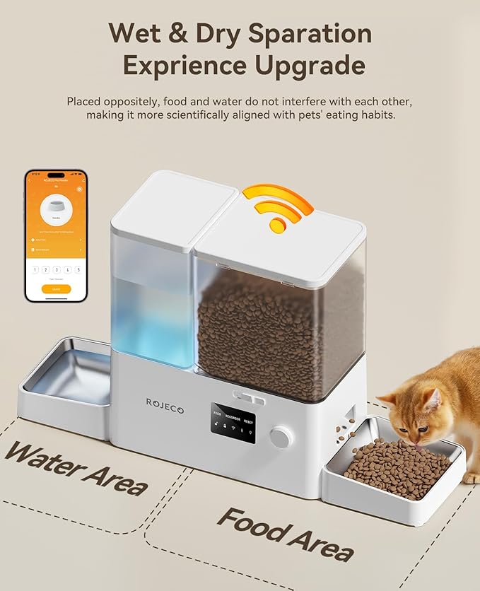 Rojeco 36Cups/8.5L WiFi Automatic Cat Feeder and Gravity Water Dispenser,Stainless Steel Bowls 2-in-1 Large Capacity 5L Food Dispenser with APP and 3.5L Water Fountain for Pets,Dogs,Puppies,Kittens