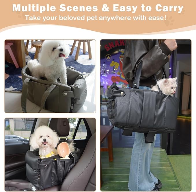 Dog Car Seat for Small Dogs, Large Leather Dog Car Bed with Storage Pocket, Waterproof PVC Leather Booster Seat Travel Bed for Front & Back Seat, Clip-On Safety Leash (Grey)