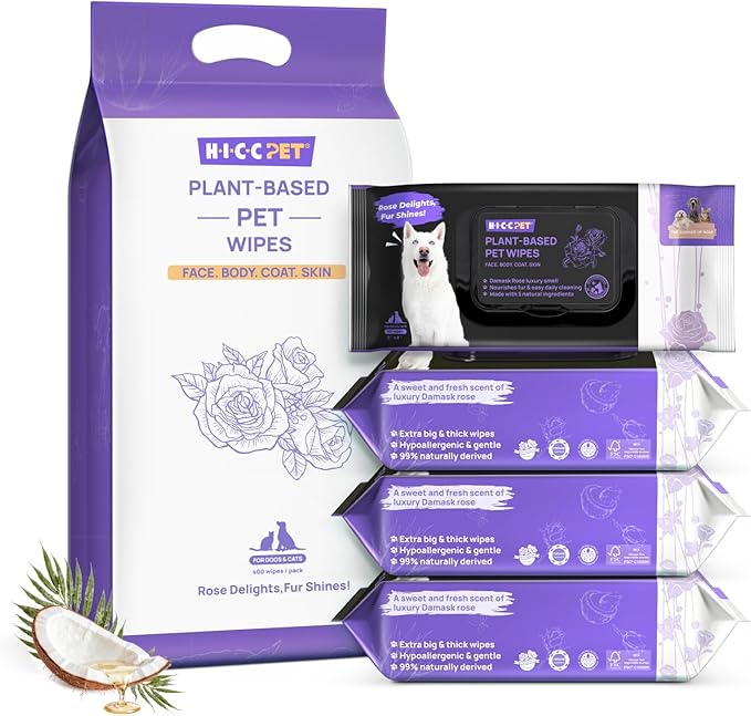 HICC PET Cleaning Deodorizing Wipes for Dogs & Cats, Vet Recommended Nourishes Smoothes Fur Pet Grooming Wipes with Fermented Coconut Oil (400 Counts (Thicken), Rose)