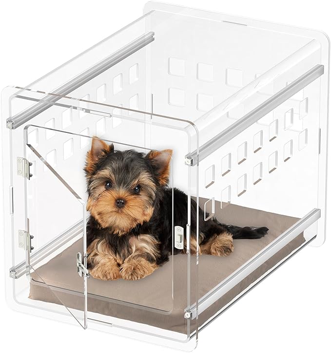 Sumerflos Clear Acrylic Dog Crate - Modern Dog Kennel Furniture, Indoor End Table Dog Crate Lockable Ventilated for Most Small Dog Cat Pet, 24.05" L x 17.99" W x 20" H