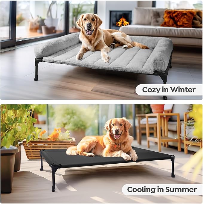 Veehoo Cooling Elevated Dog Bed with Fluffy Plush Bolster Cushion, Indoor Raised Dog Beds for Large Dogs, Soft Pet Sofa Cot with Removable Washable Mat, No-Slip Feet, 32 x 25 inches, Grey