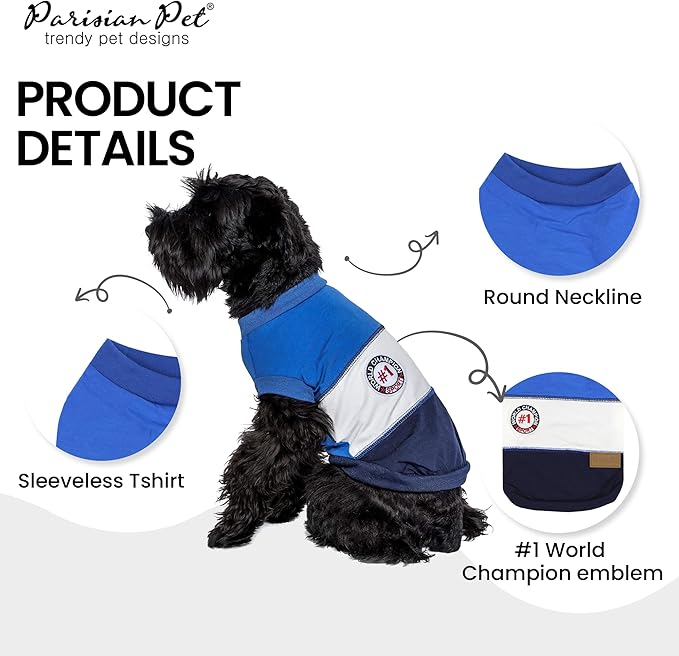 Parisian Pet Embroidered 'Worlds Champion' Sleeveless Dog Tank Top - Lightweight Color Block Tee - Machine Washable for Large Dogs