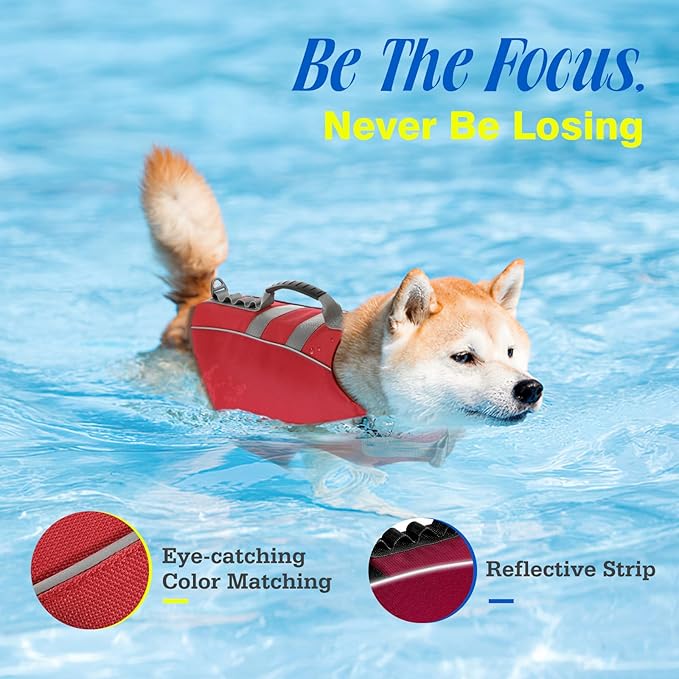 Pawaboo Dog Life Jacket, Reflective Dog Safety Vest Adjustable Pet Life Preserver with Strong Buoyancy & Sturdy Rescue Handle, Ripstop Dog Lifesaver Vests for Swimming, Boating, L, Red