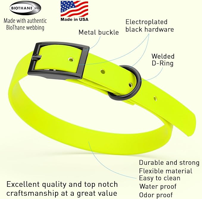 Dogline Biothane Waterproof Dog Collar Strong Coated Nylon Webbing with Black Hardware Odor- Proof for Easy Care Easy to Clean High Performance Fits Small Medium or Large Dogs, Safety Yellow