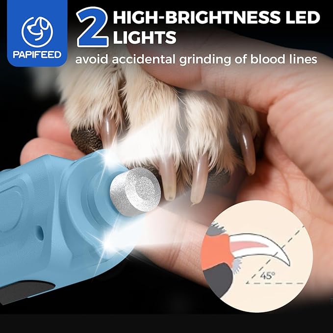 PAPIFEED High Torque Dog Nail Grinder Quiet - 6-Speed Adjustable Pet Nail Trimmer with 2 LED Lights & Dust-Proof Cover, Powerful Motor for Large/Medium/Small Dogs & Cats, Rechargeable - Dark Blue