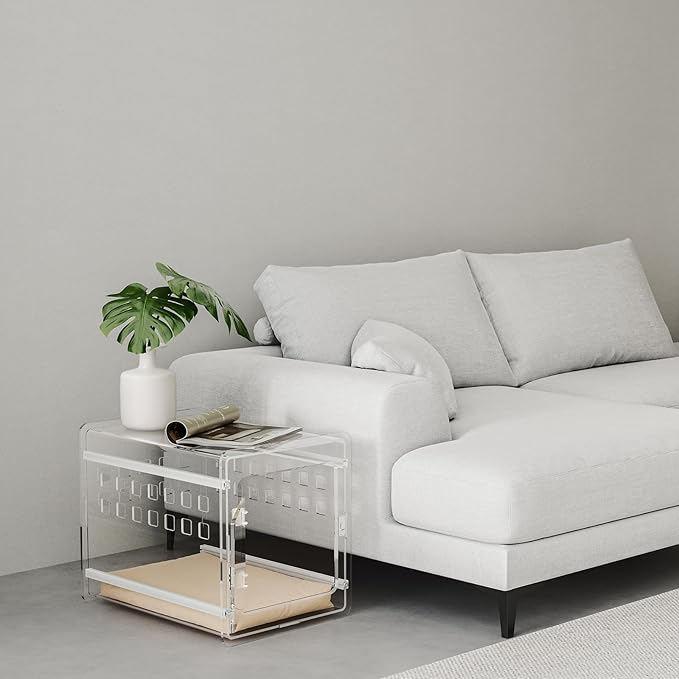 Sumerflos Clear Acrylic Dog Crate - Modern Dog Kennel Furniture, Indoor End Table Dog Crate Lockable Ventilated for Most Small Dog Cat Pet, 21.65" L x 15.74" W x 17.71" H