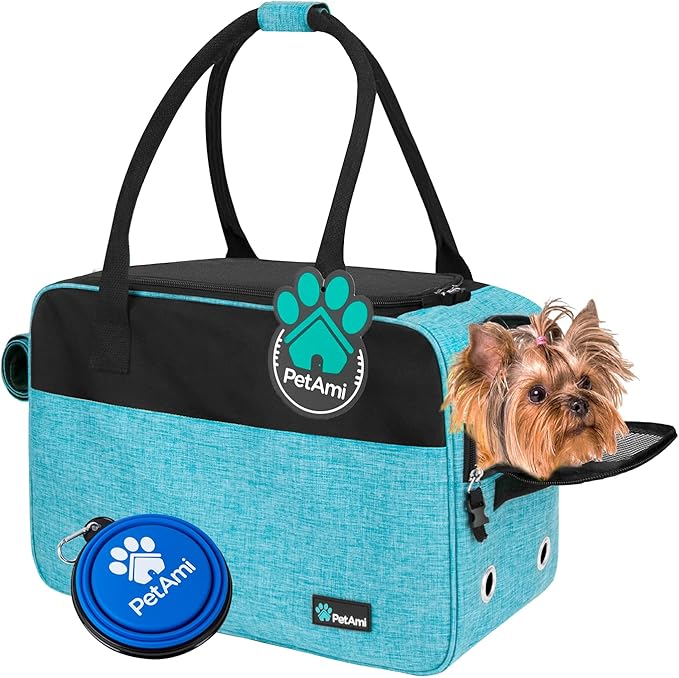PetAmi Dog Purse Carrier for Small Dogs, Airline Approved Soft Sided Pet Carrier with Pockets, Ventilated Dog Carrying Bag for Puppy Cat, Dog Travel Supplies Bag, Sherpa Bed, Max 12 lbs, Teal Blue