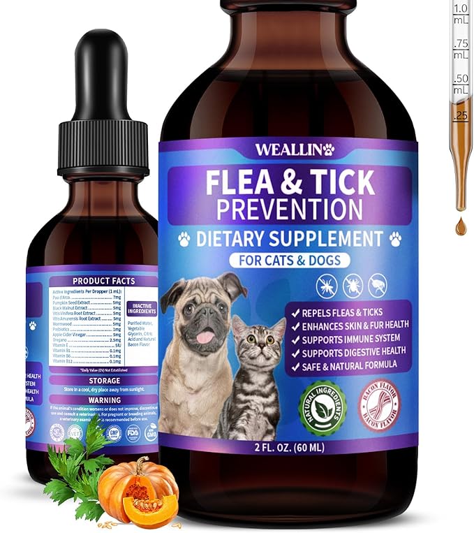 Flea and Tick Prevention Support for Cats and Dogs Natural Flea Treatment Drops with Multivitamin for Pets Oral Natural Supplement Flea and Tick Treatment Drops for All Breeds and Ages