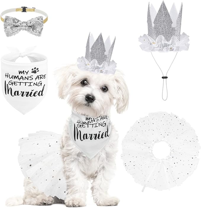 SCENEREAL Dog Wedding Outfit Dress with Bandana Bowite Collar and Crown Hat Set for Dog Girls, Puppy Kitty Party Supplies, Tutu Skirt Costume for Small Medium Large Dogs Girl Cats