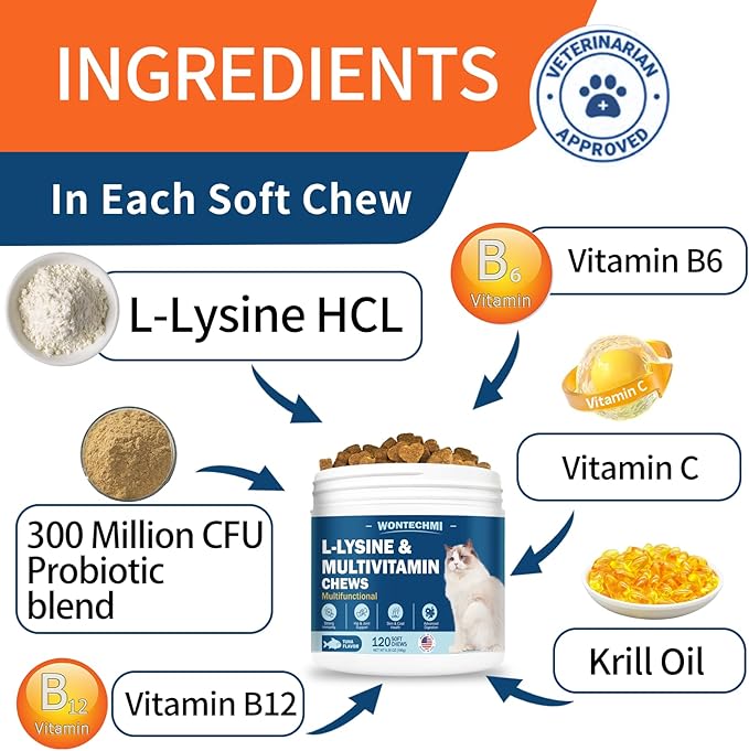 L-Lysine Supplement for Cats, Cat Vitamins for Sneezing, Runny Nose, Cold, Immune Support, Eye Function and Respiratory Health, Natural Lysine Cat Treats (120 Chews, Tuna)