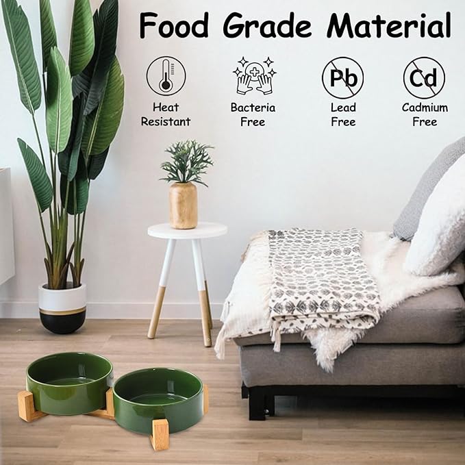 Petygooing Ceramic Dog Cat Bowl Set with Stand, Pet Food and Water Dishes,Medium Pet Bowl Anti -Slip Set of 2 Cat Dish-Pet Food Bowls Small Medium Size Dog (28OZ/6.1 in) Rust Green