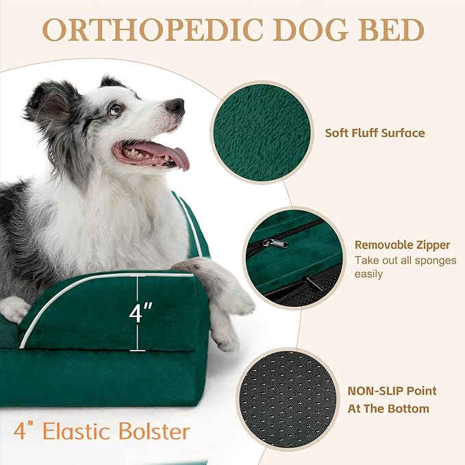 Comfort Expression Large Dog Beds Waterproof Orthopedic Foam Dog Sofa Beds Comfy Pet Bed with Washable Removable Cover & Non-Slip Bottom(Large,Emerald)